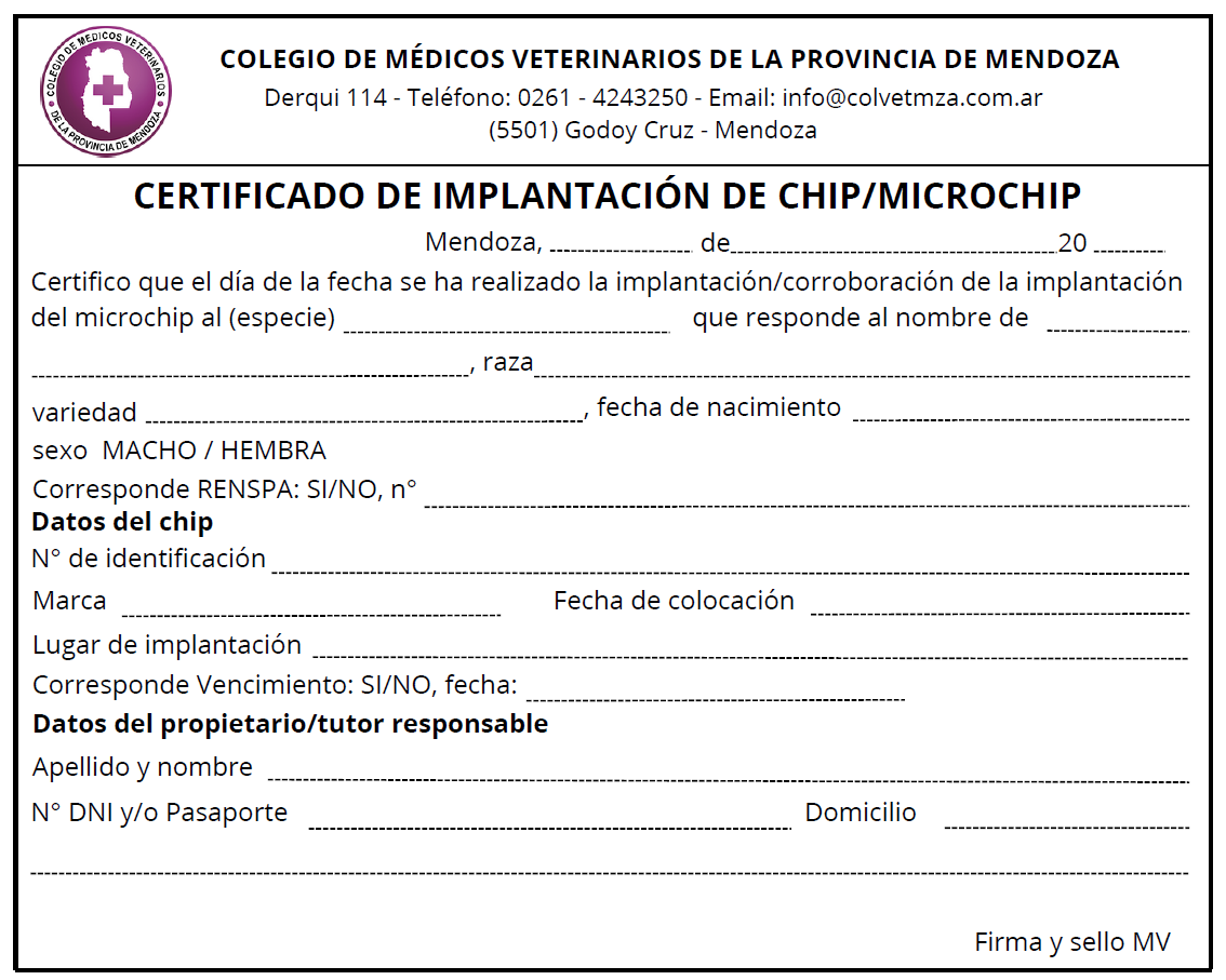 Certificado de Implantación de Chip/Microchip